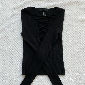 Forever 21 Long Sleeve V Neck Cropped Sweater with String Detailing